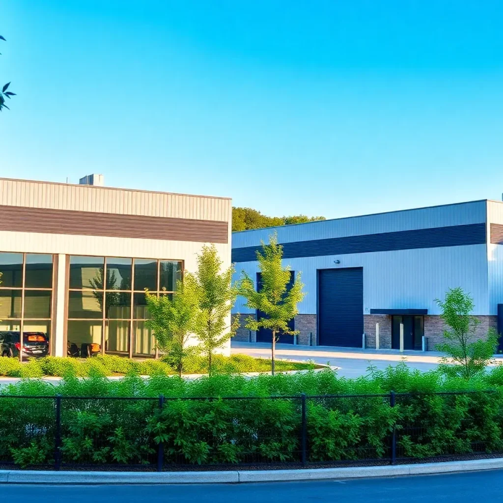 Illustration of new warehouse development in Pflugerville with office spaces.