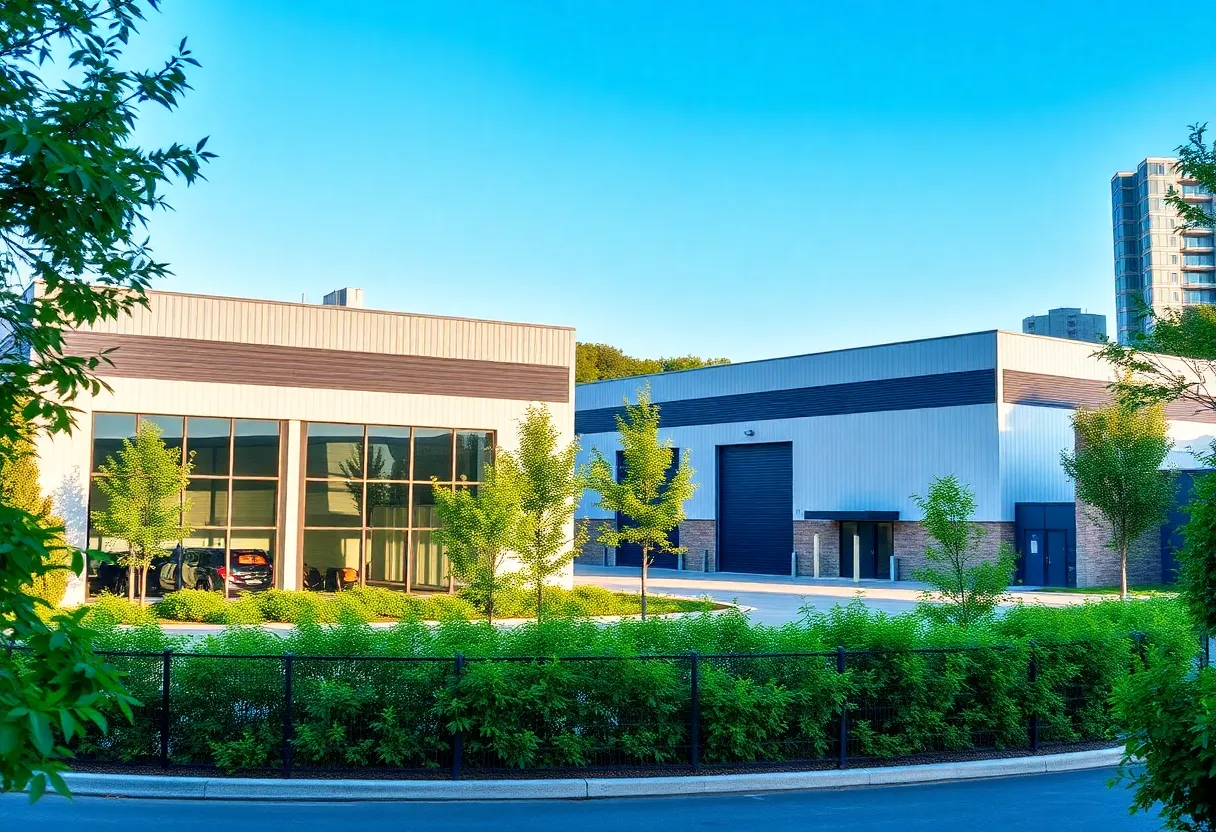 Illustration of new warehouse development in Pflugerville with office spaces.