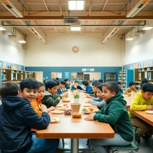 Students in a school cafeteria enjoying nutritious meals together