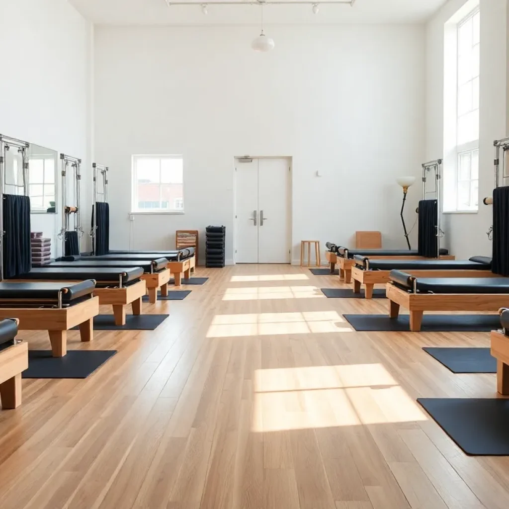 Interior of a Pilates studio with reformers and a calm ambiance