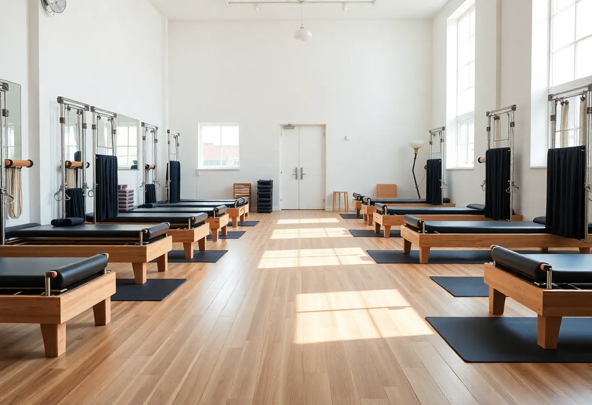 Interior of a Pilates studio with reformers and a calm ambiance