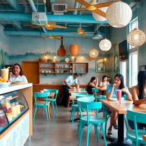 Interior of Playa Bowls restaurant with beach decor and fresh smoothie bowls