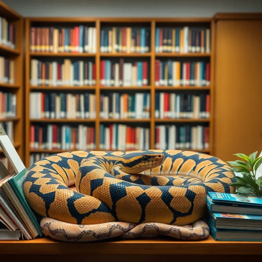 Ball python in a library setting preparing for retirement