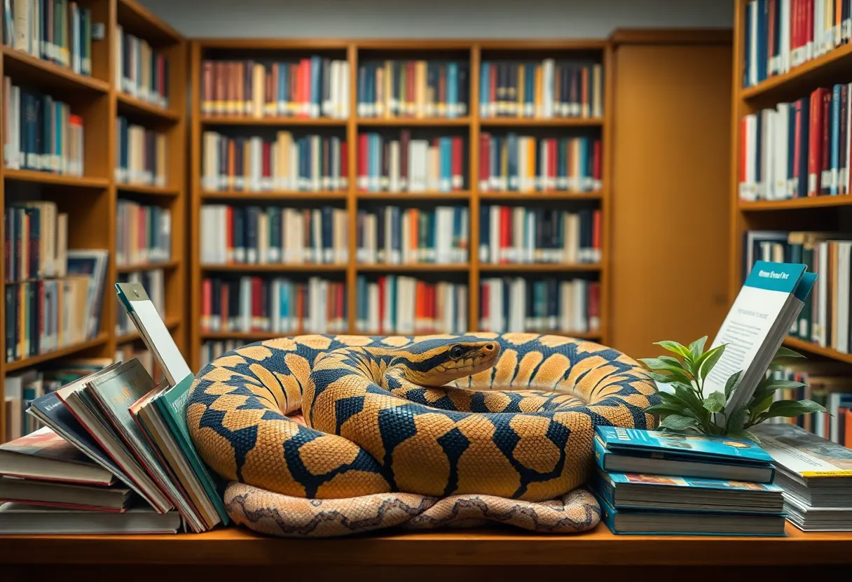 Ball python in a library setting preparing for retirement