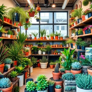 Interior of Root to Rise Plant Co. showcasing various plants and gardening supplies.