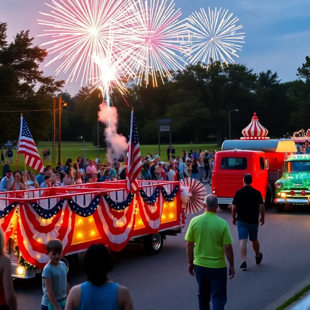 Celebration parade on Fourth of July in Round Rock with colorful floats