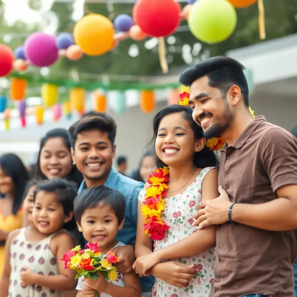 Families celebrating at the Round Rock Pride Festival with colorful decorations.