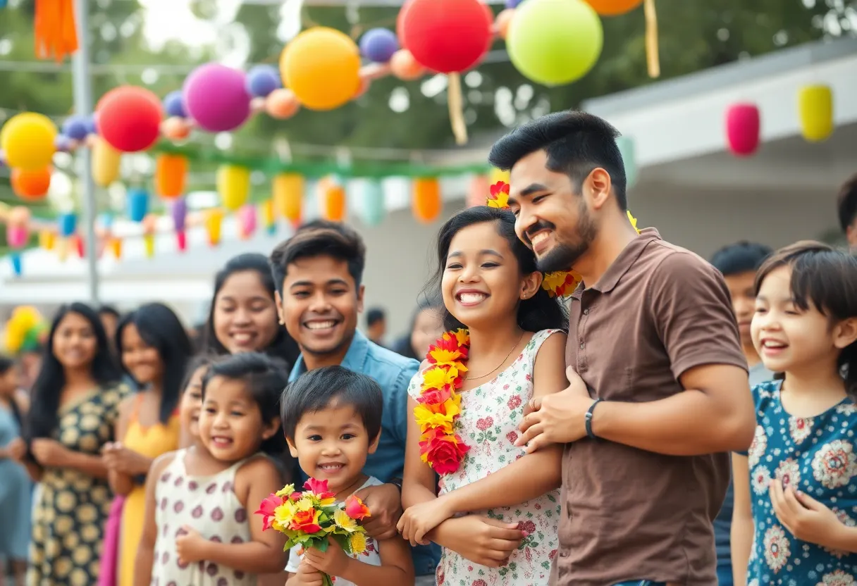Families celebrating at the Round Rock Pride Festival with colorful decorations.