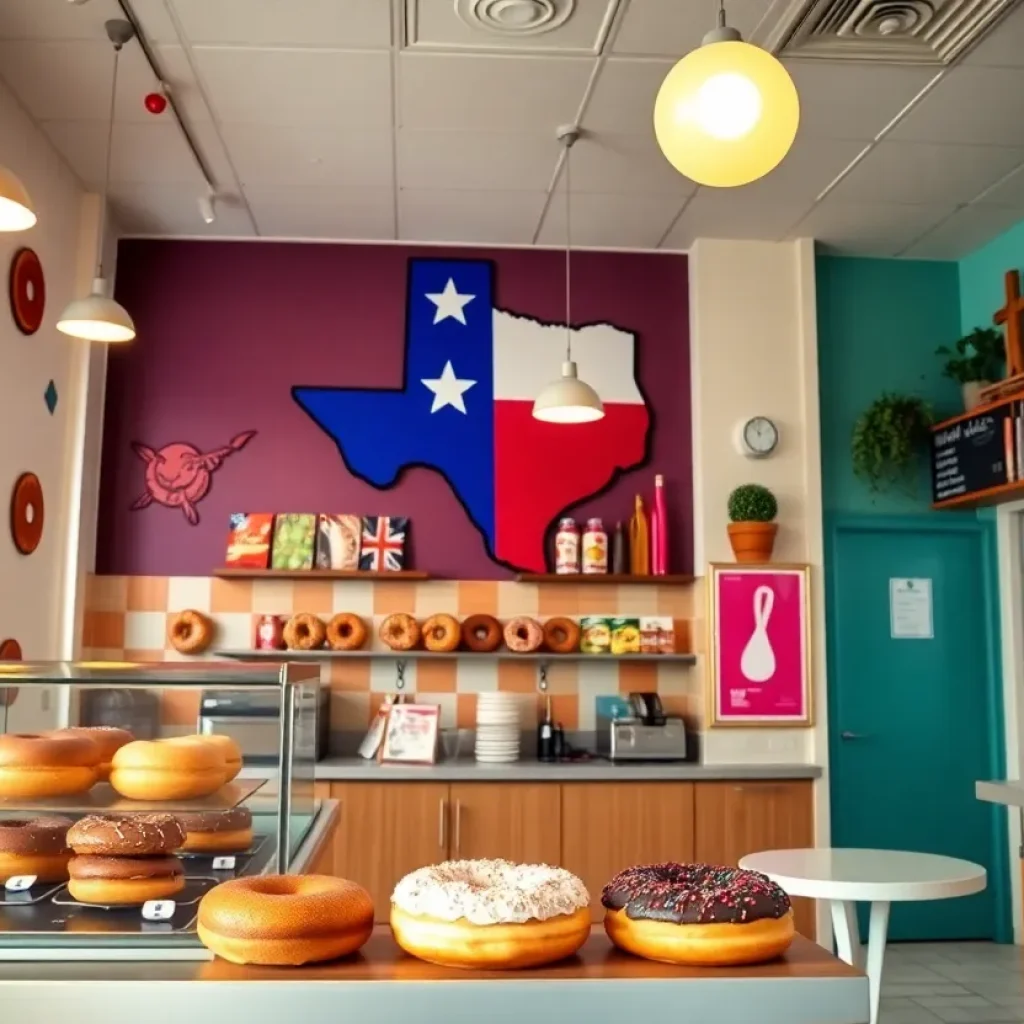 Interior of The Salty Donut shop in Austin, displaying a variety of gourmet doughnuts.