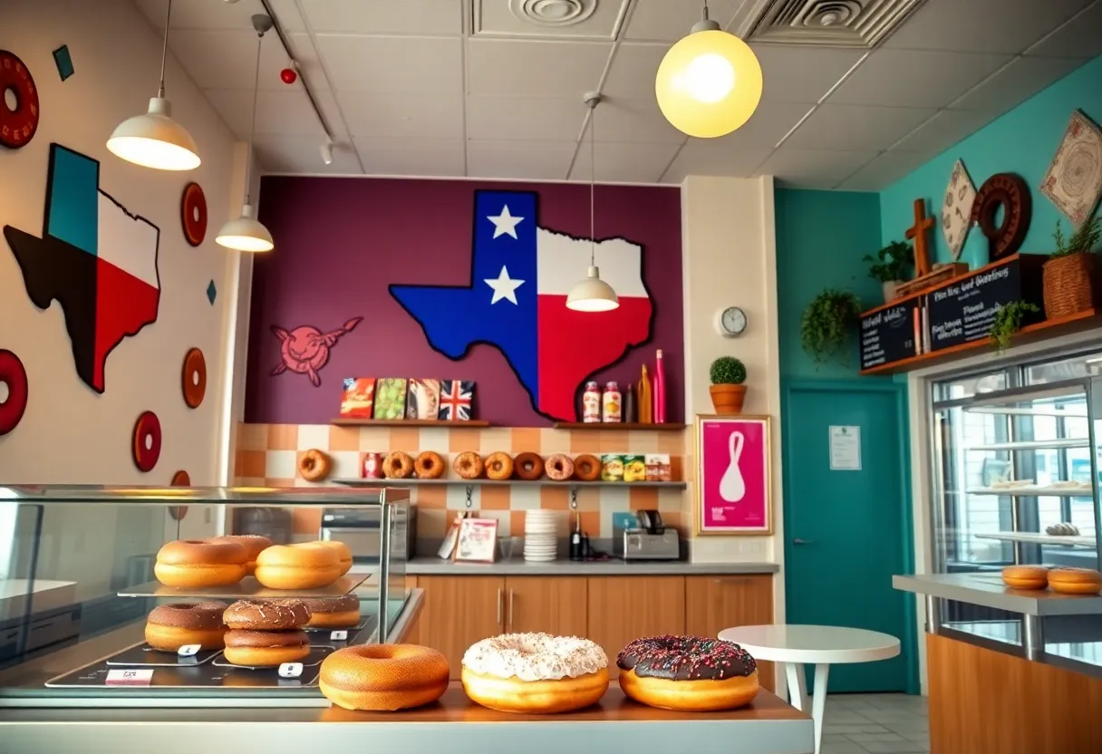 Interior of The Salty Donut shop in Austin, displaying a variety of gourmet doughnuts.