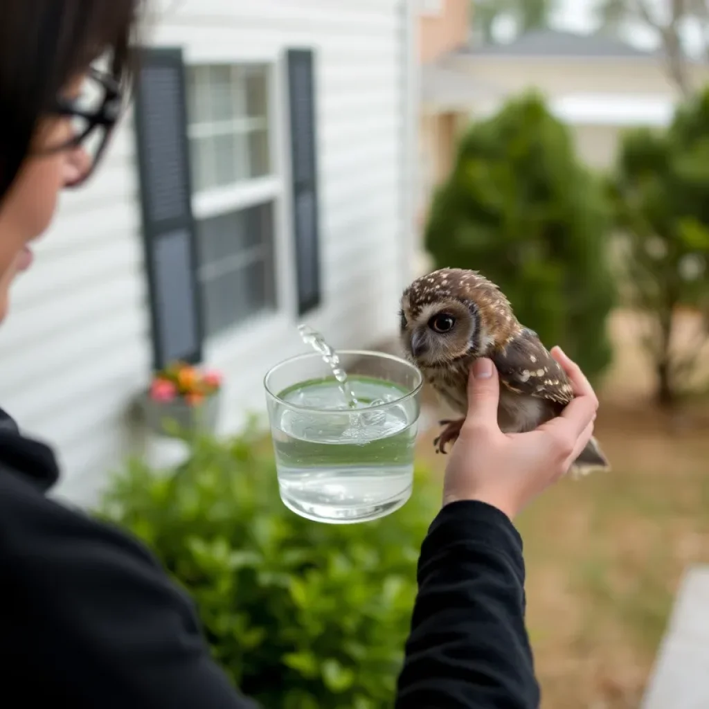 A screech owl being tended to by a community member on a porch.
