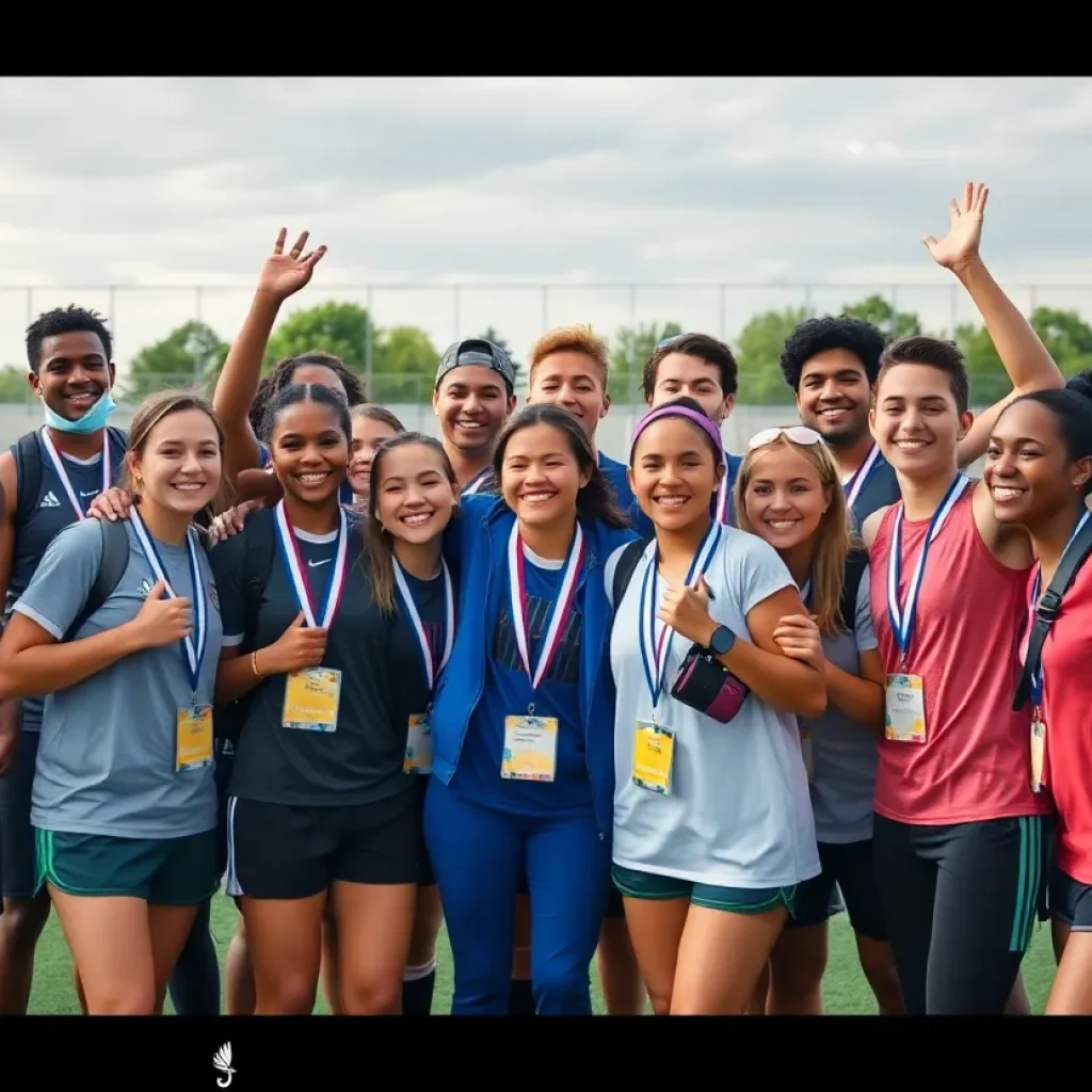 Group of student-athletes celebrating sportsmanship.