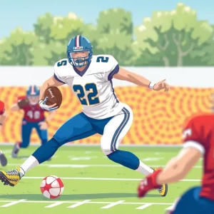 Illustration of a football player demonstrating blocking skills on the field.