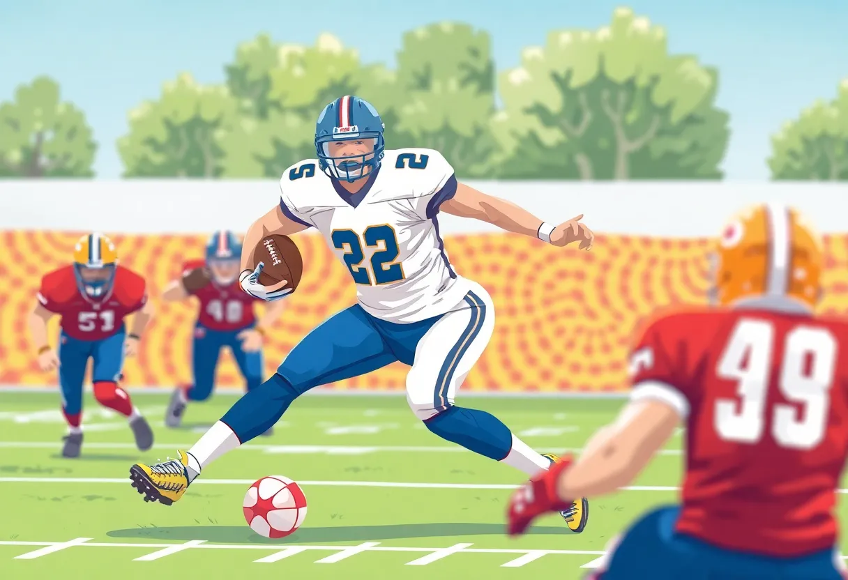 Illustration of a football player demonstrating blocking skills on the field.