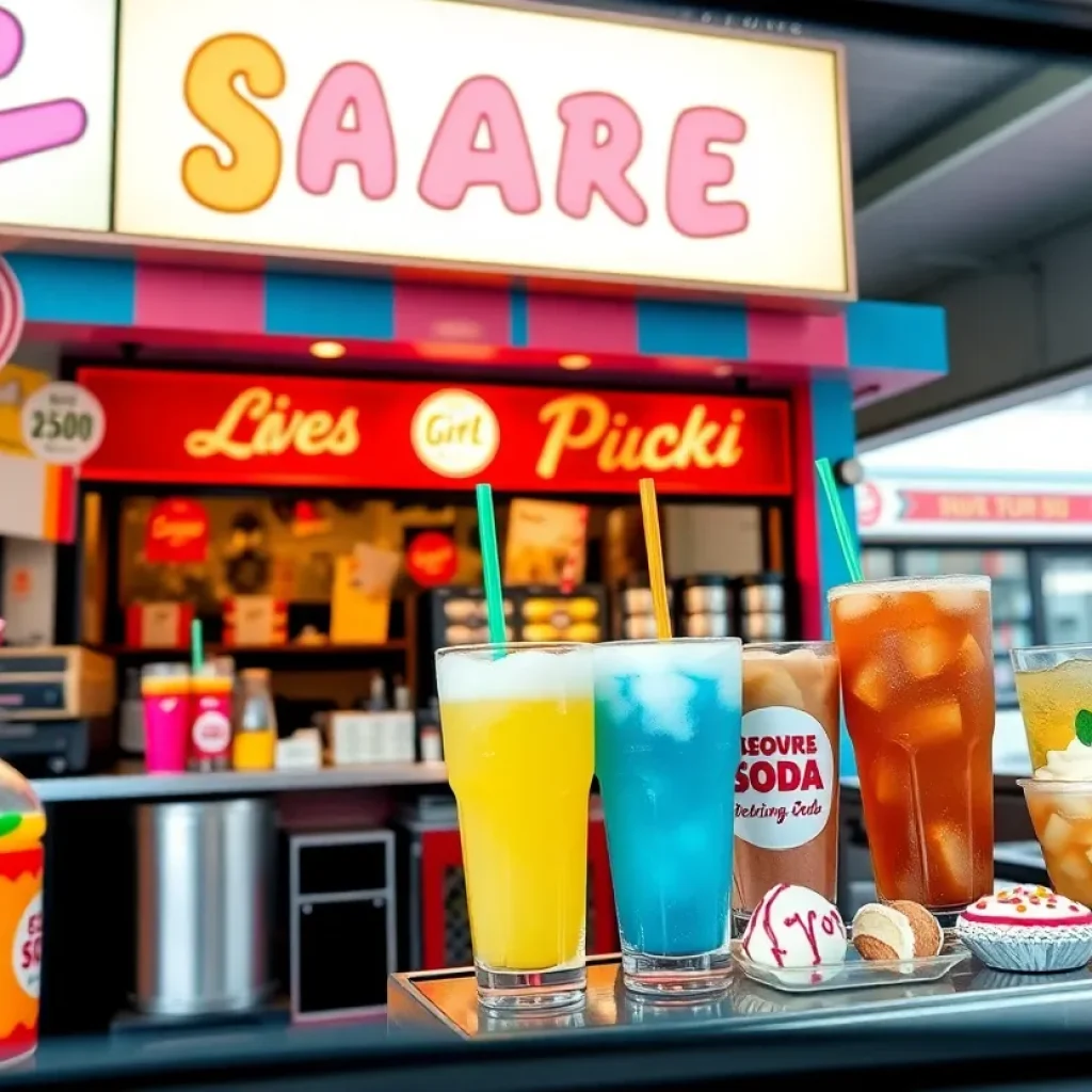 Drive-thru soda shop with colorful beverages