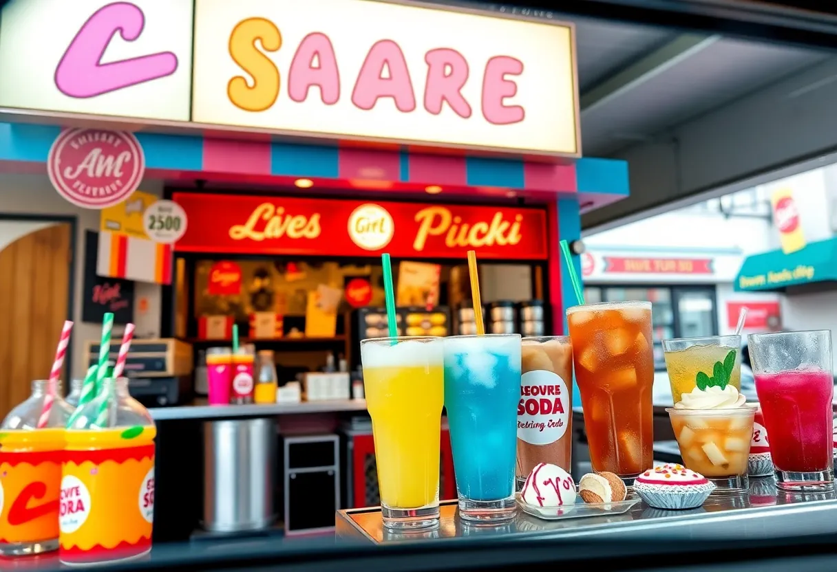 Drive-thru soda shop with colorful beverages