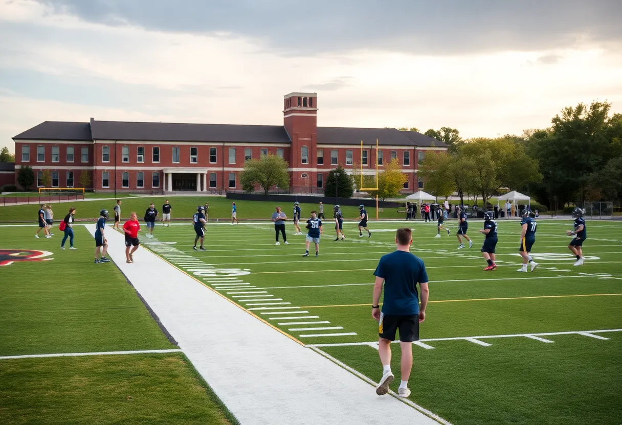 Students practicing football on the Southwestern Oklahoma State University campus