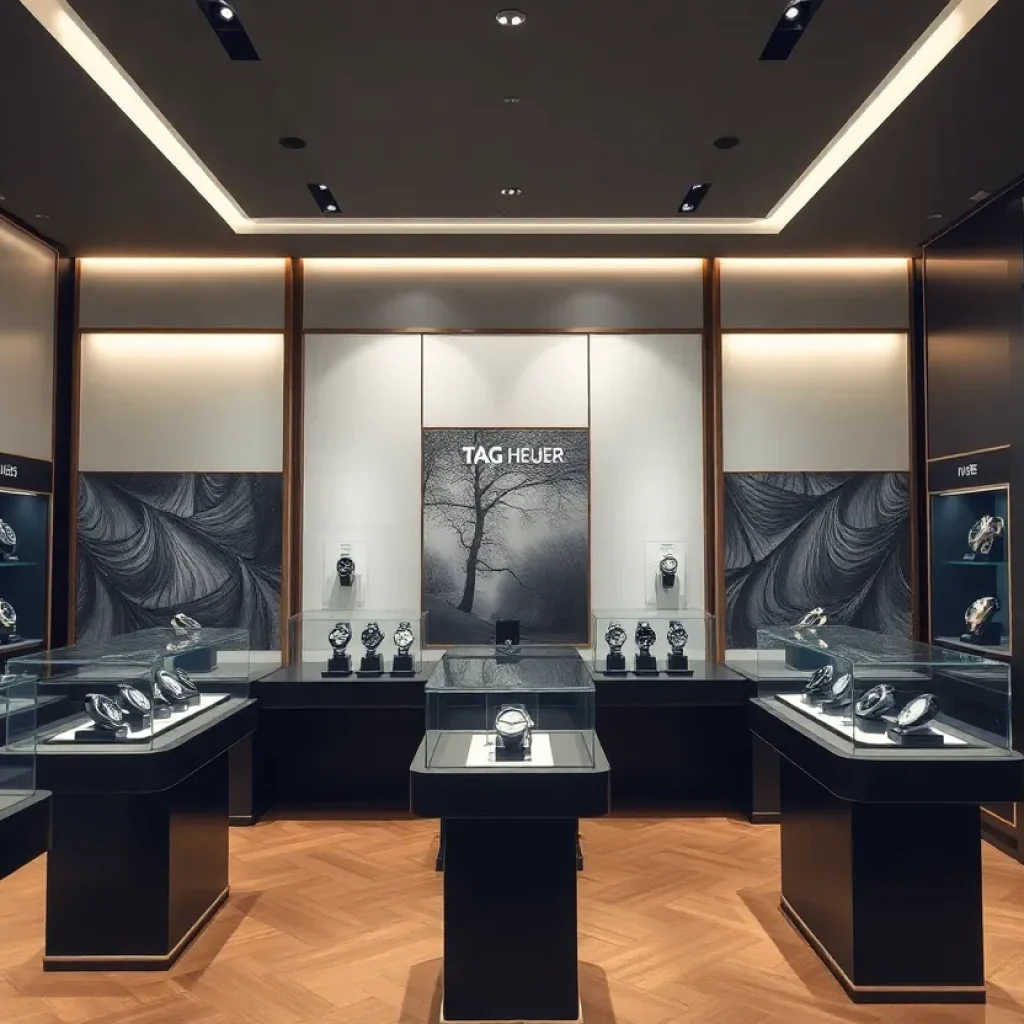 Interior view of TAG Heuer's dedicated store showcasing luxury watches.