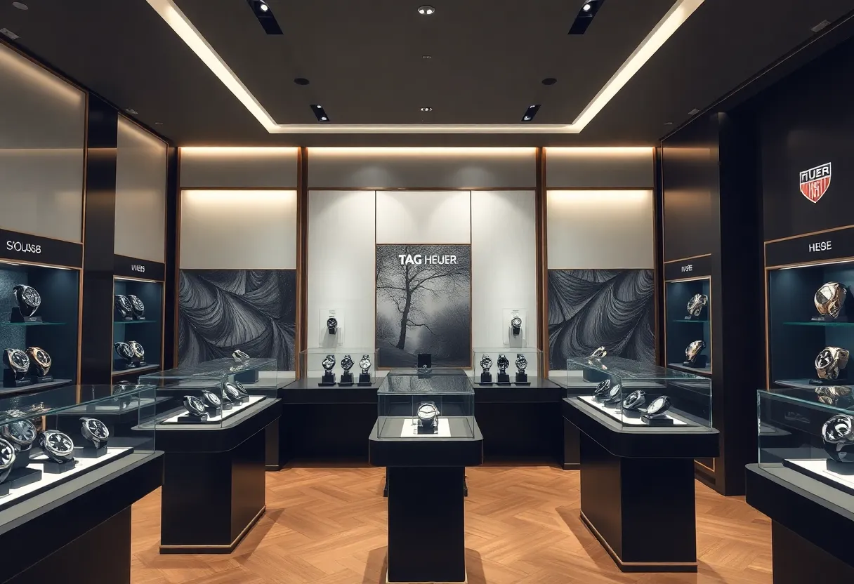 Interior view of TAG Heuer's dedicated store showcasing luxury watches.
