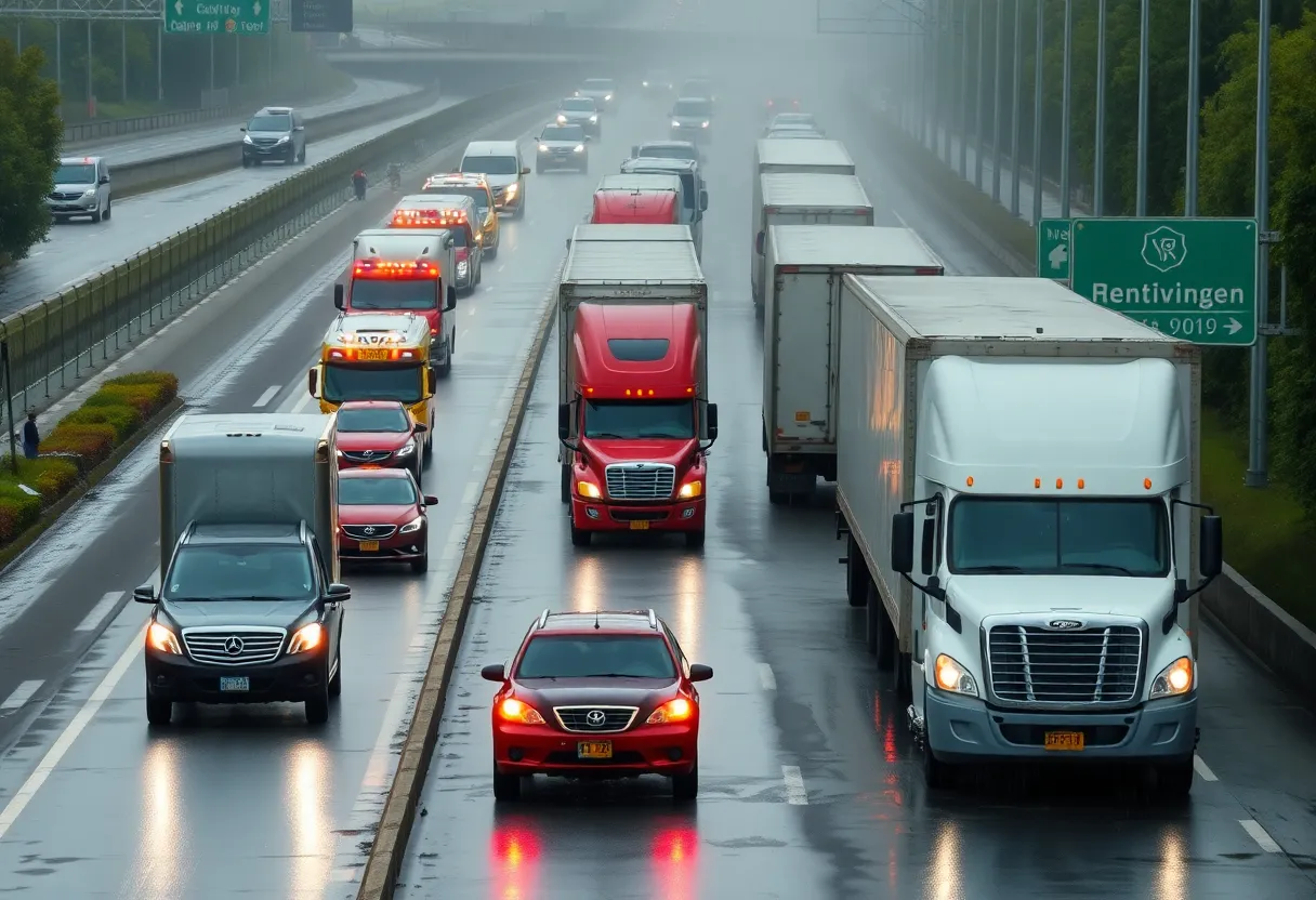 Scene showing heavy traffic and emergency responders on I-35 in Georgetown, Texas.
