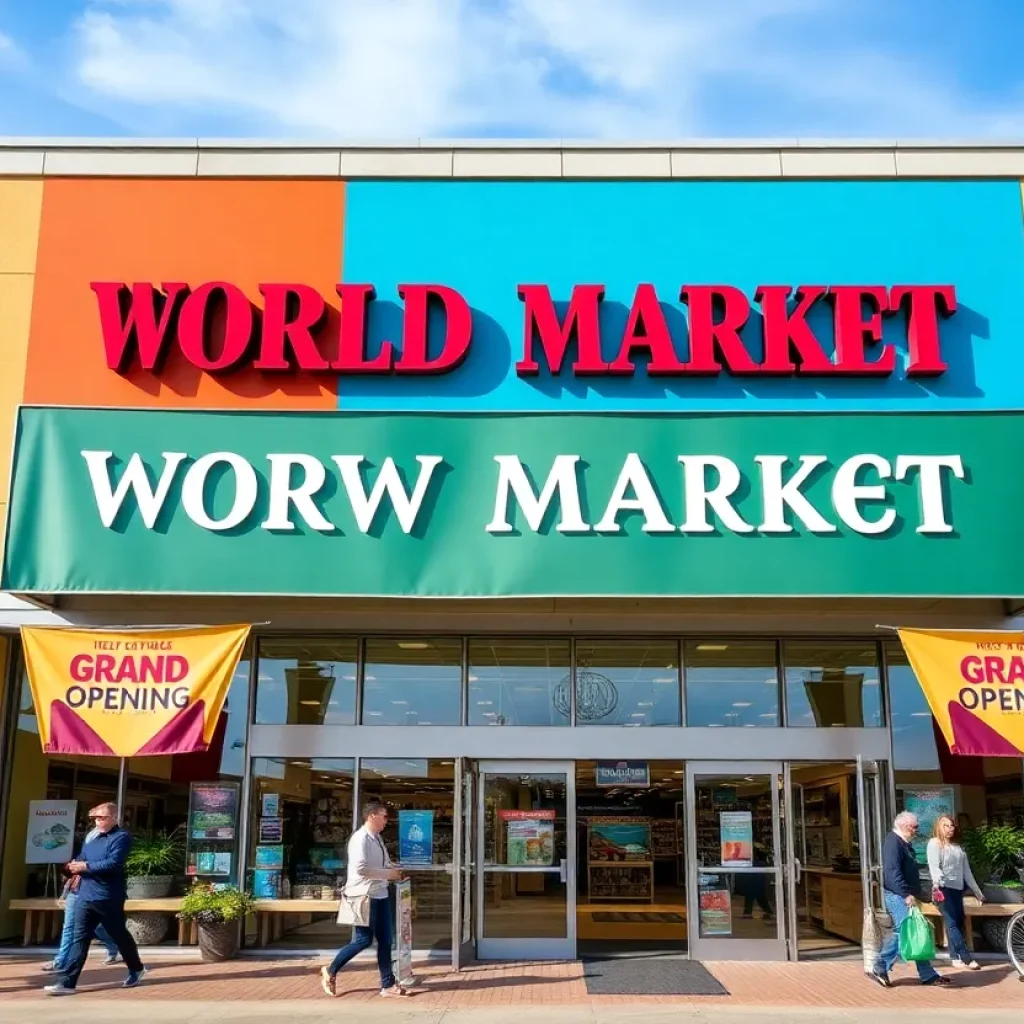 Exterior view of the new World Market store in North Austin with shoppers and grand opening signs.