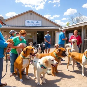 Animal shelter staff assisting displaced animals during flooding
