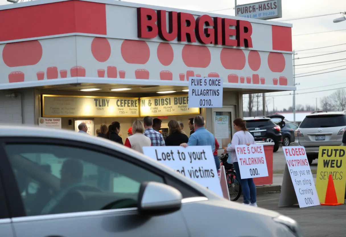 Crowd supporting flood relief at P. Terry's Burger Stand
