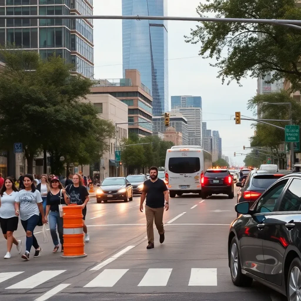 Busy street in Austin with pedestrians and traffic