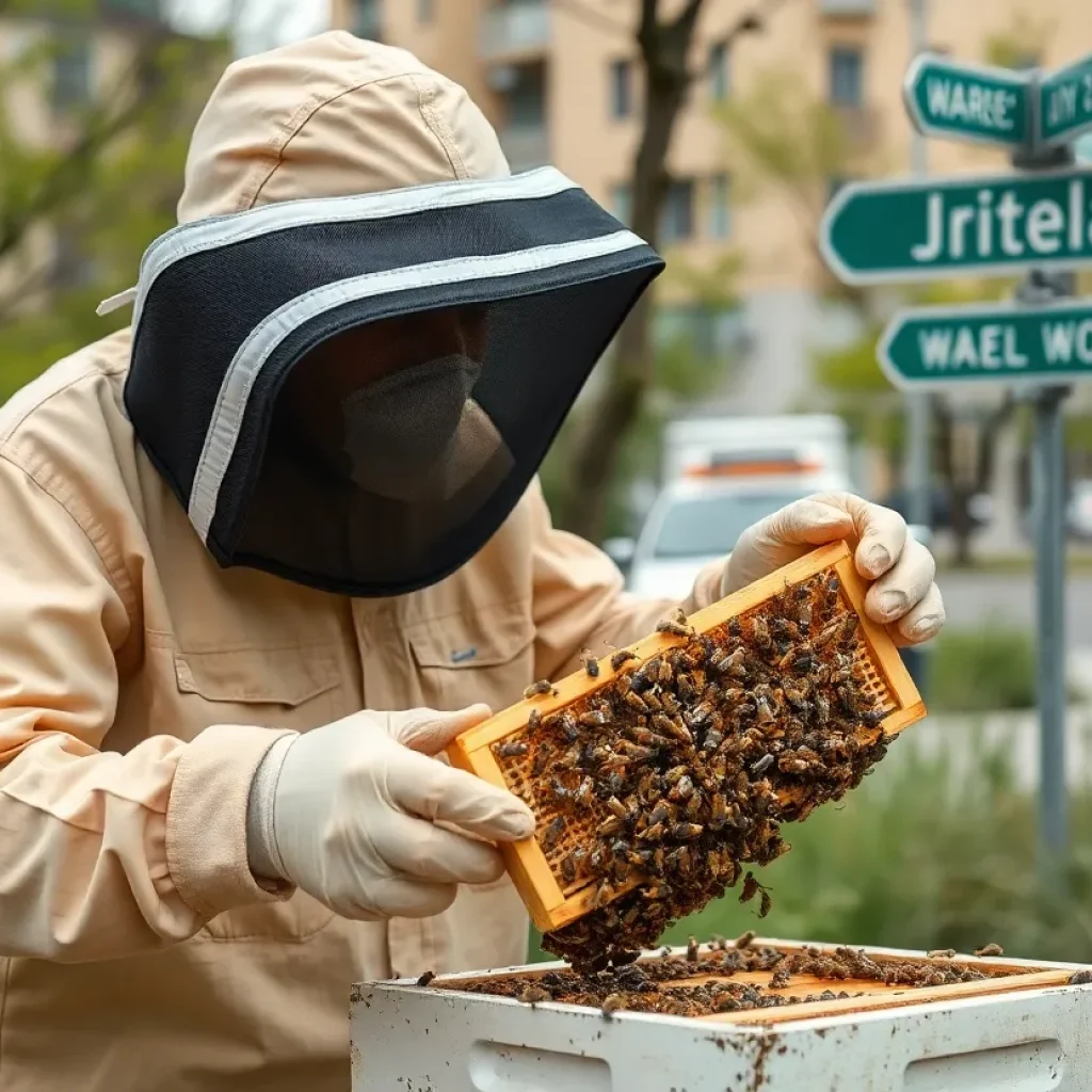Beekeeping professional managing a bee swarm in an urban setting