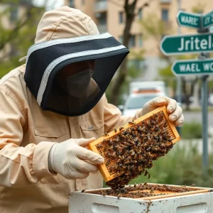 Beekeeping professional managing a bee swarm in an urban setting