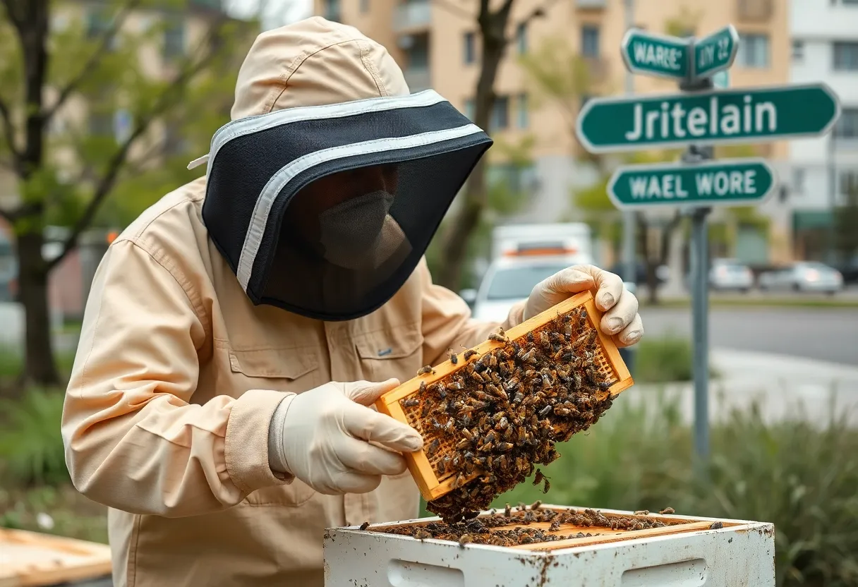 Beekeeping professional managing a bee swarm in an urban setting