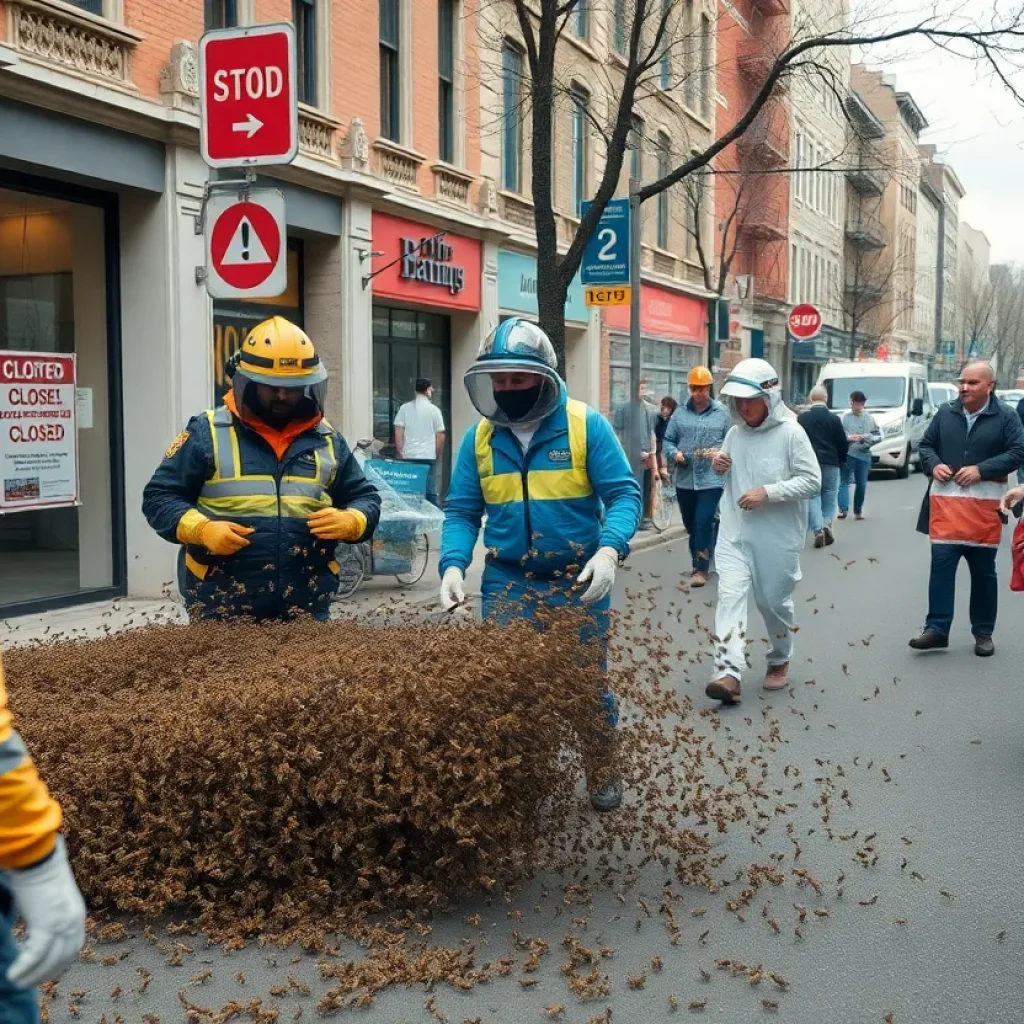 Emergency responders managing a bee swarm in Taylor city streets.