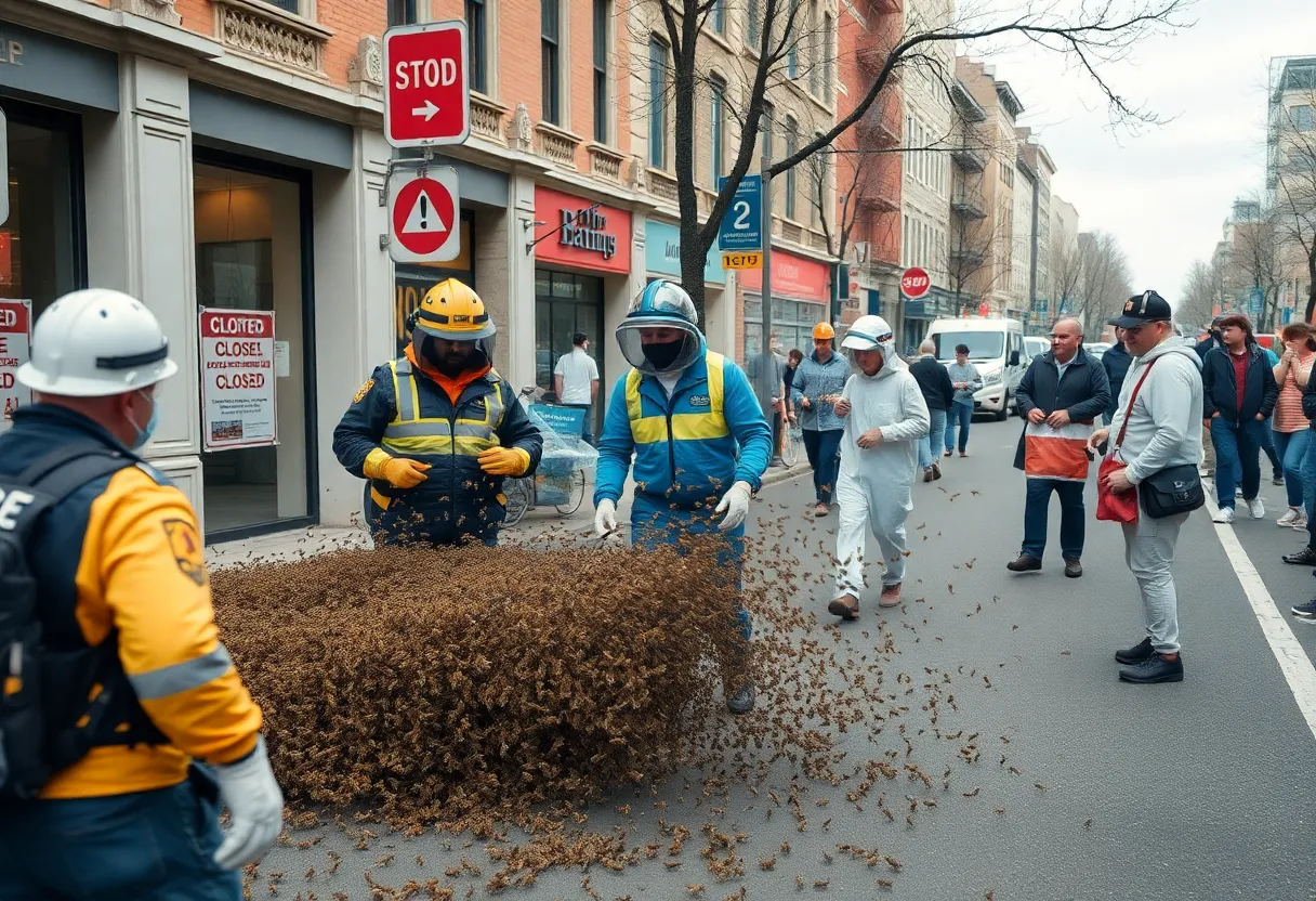 Emergency responders managing a bee swarm in Taylor city streets.