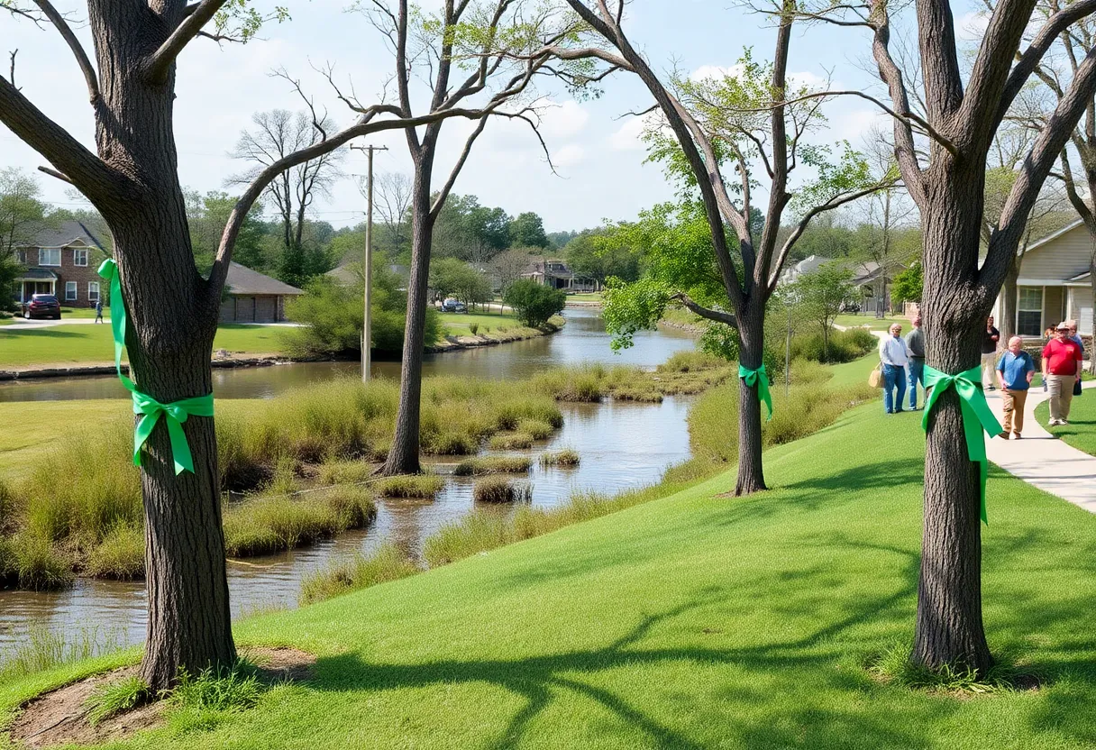 Green ribbons tied around trees in a Texas community honoring flood victims