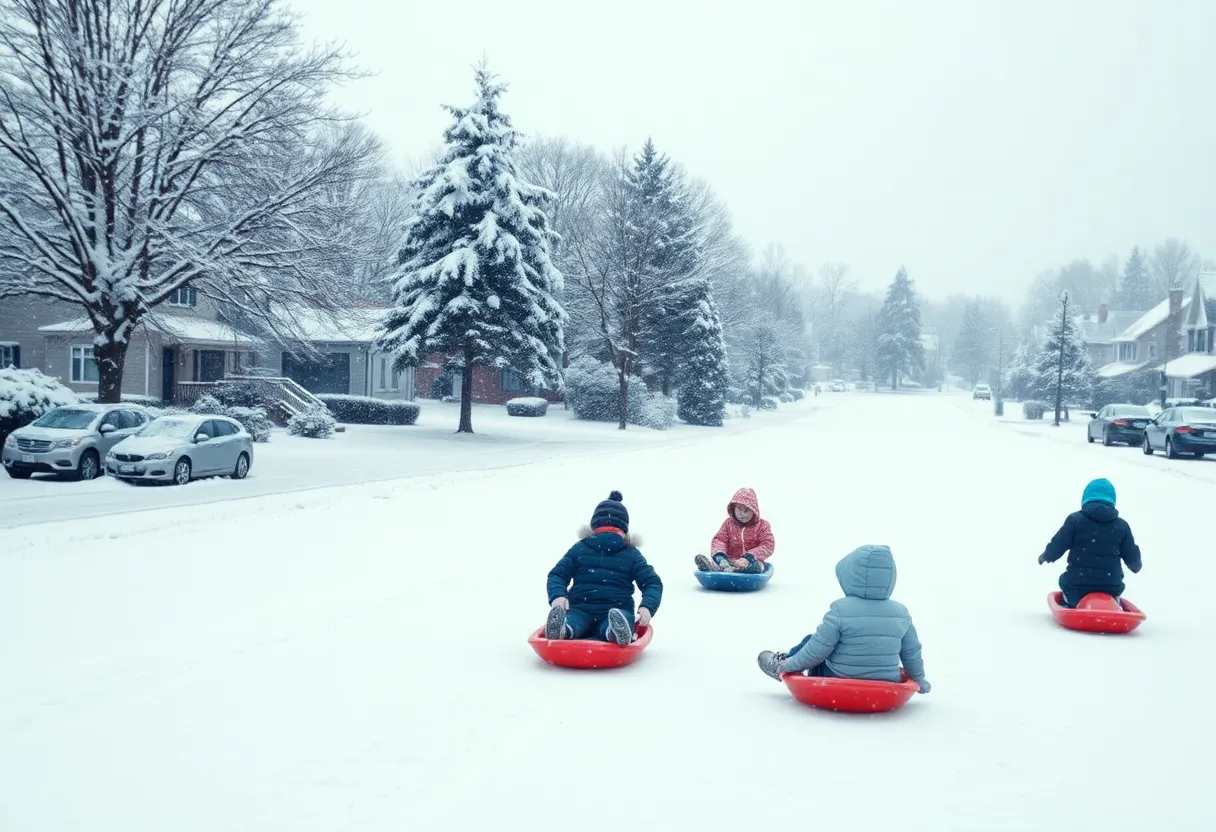 Children sledding in a snow-covered neighborhood in Delaware