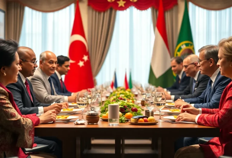 World leaders engaging in a diplomatic lunch discussion