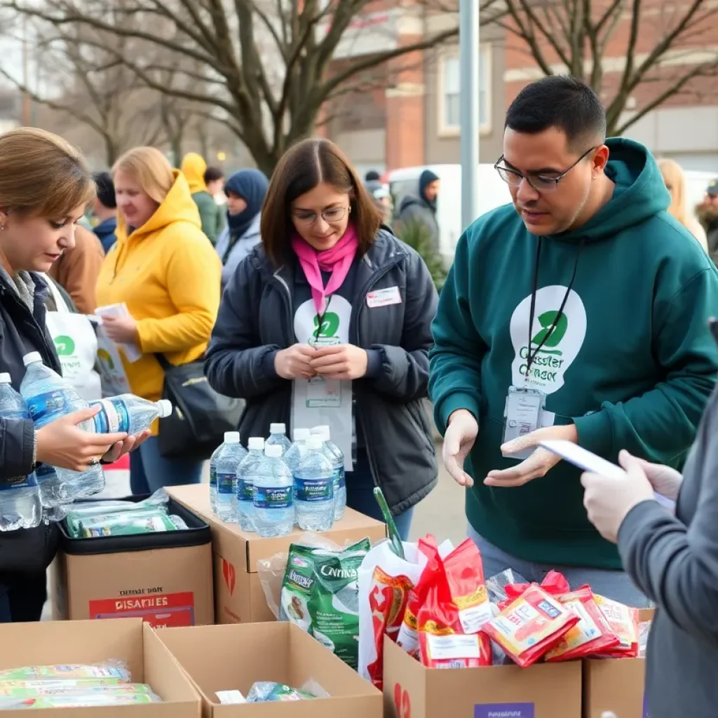 Volunteers distributing disaster relief kits in Leander, Texas