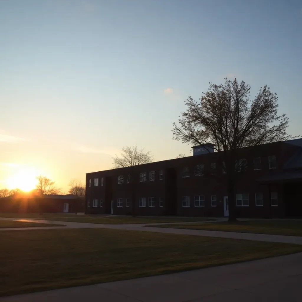 A scenic view of a schoolyard at sunset, representing education and legacy.