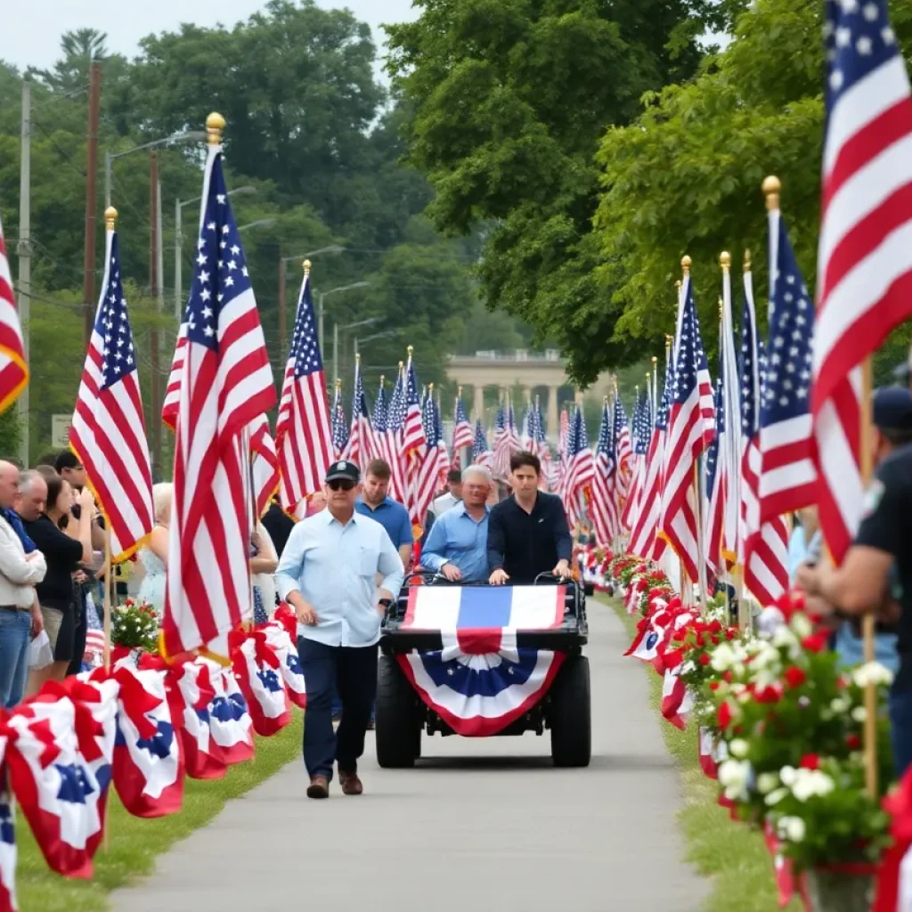 A procession honoring a fallen hero with flags and community members
