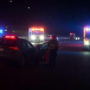 Emergency responders at a car crash site on a highway