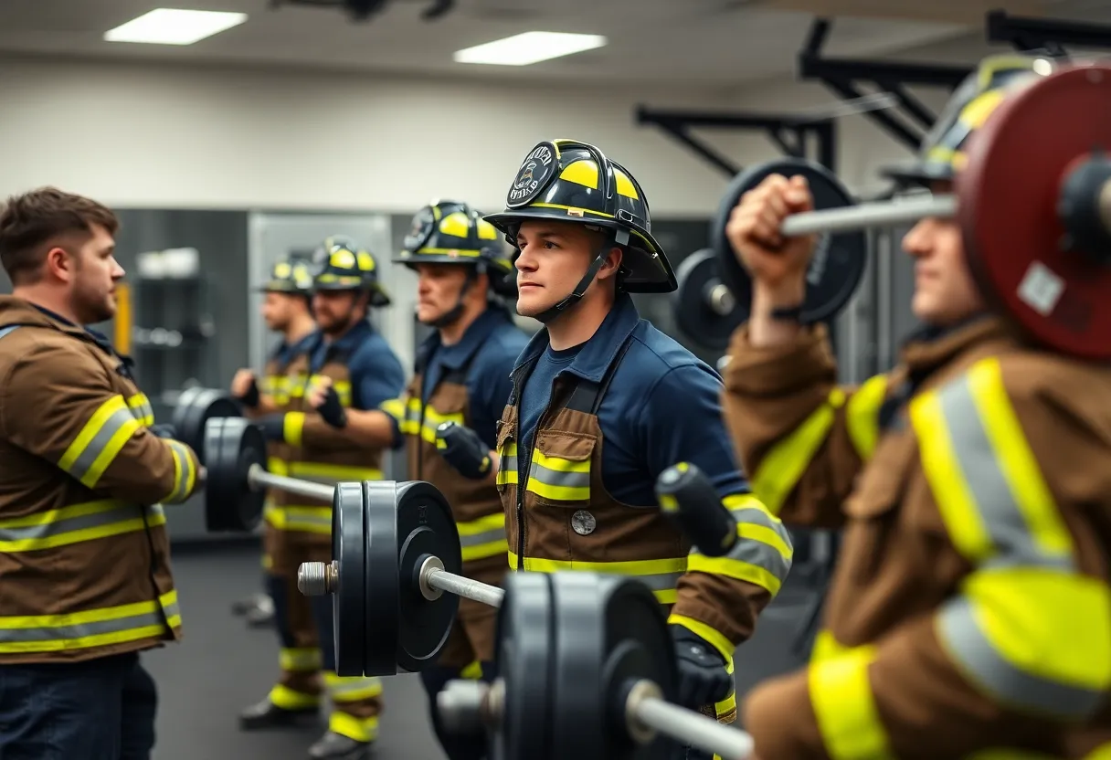 Firefighters participating in a fitness training session