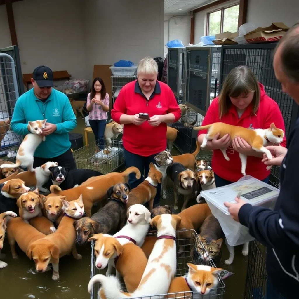 Animal shelter volunteers evacuating animals during Georgetown flood