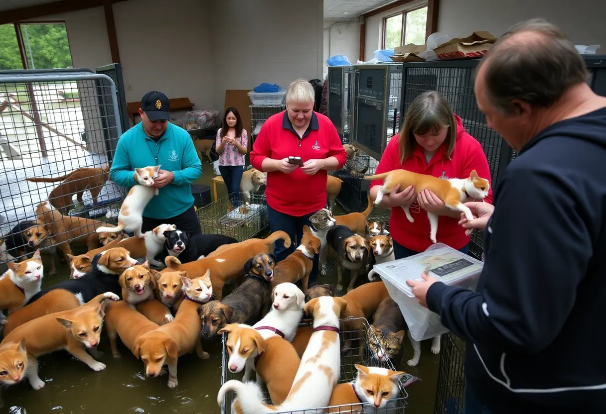 Animal shelter volunteers evacuating animals during Georgetown flood
