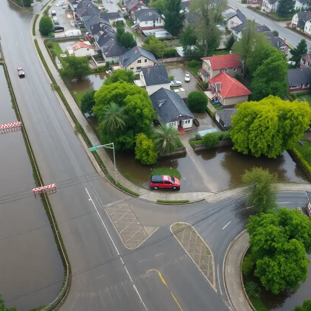 Aerial view of severe flooding in Georgetown, Texas, showing submerged homes and emergency response teams.