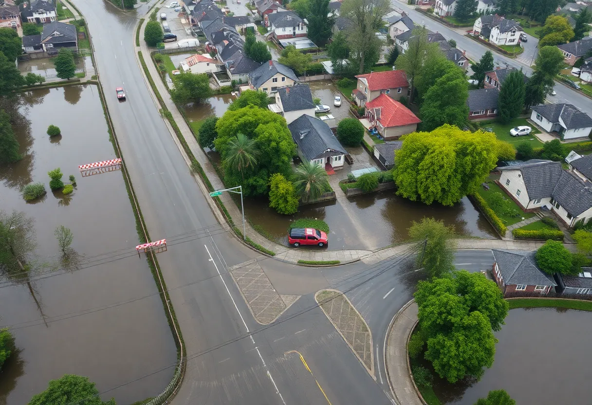 Aerial view of severe flooding in Georgetown, Texas, showing submerged homes and emergency response teams.
