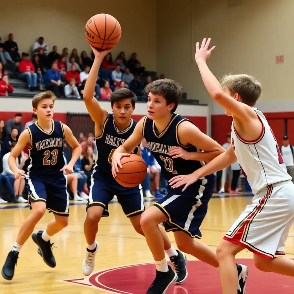 High school basketball players competing on the court