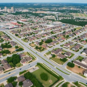 Aerial view of Hutto, Texas, with new housing and city infrastructure.