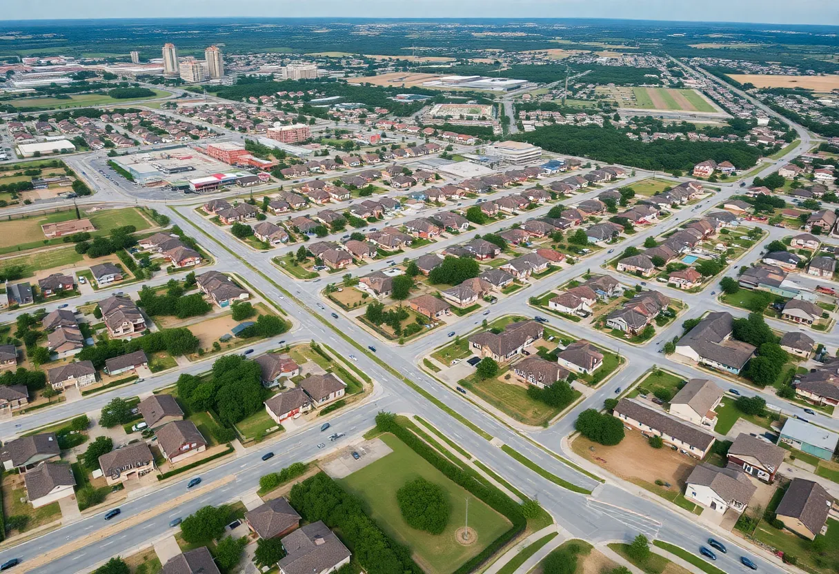 Aerial view of Hutto, Texas, with new housing and city infrastructure.
