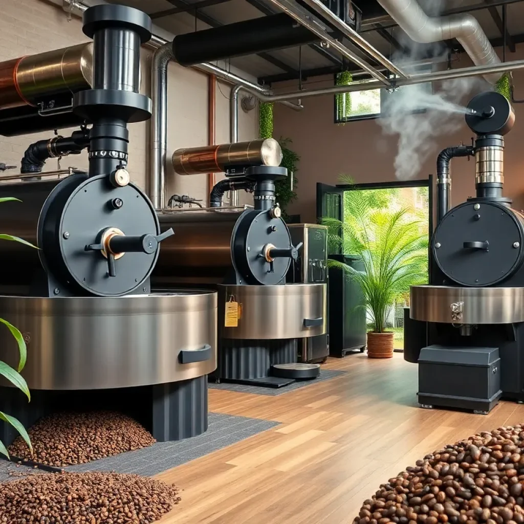Interior of Katï Coffee Roastery with roasting machines and beans