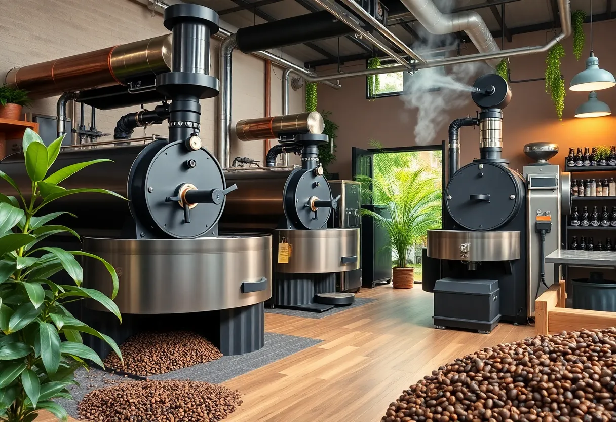 Interior of Katï Coffee Roastery with roasting machines and beans